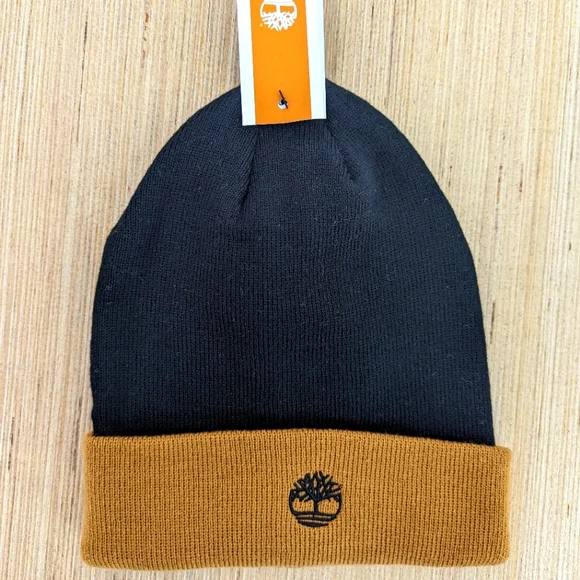 Timberland Cuffed Color Block Knit Beanie One Size Black Wheat Brown - Picture 1 of 7